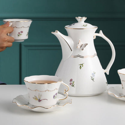 Vintage Floral Porcelain Tea Set with Gold Accents & Elegant Display Rack