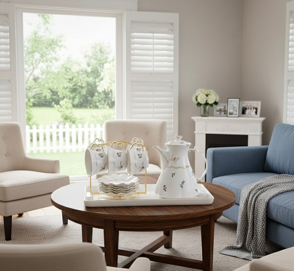 Vintage Floral Porcelain Tea Set with Gold Accents & Elegant Display Rack